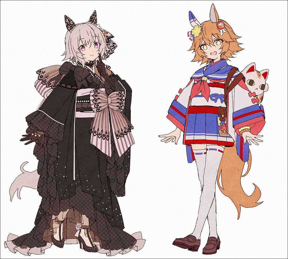 +_+ animal_ears bow curren_chan_(umamusume) ear_bow ear_covers ear_ribbon gloves grey_hair hair_between_eyes hakusai_(tiahszld) horse_ears horse_girl horse_tail looking_at_viewer maneki-neko matikanefukukitaru_(umamusume) multiple_girls open_mouth orange_hair orange_tail purple_eyes short_hair simple_background single_ear_cover smile tail umamusume umamusume:_road_to_the_top