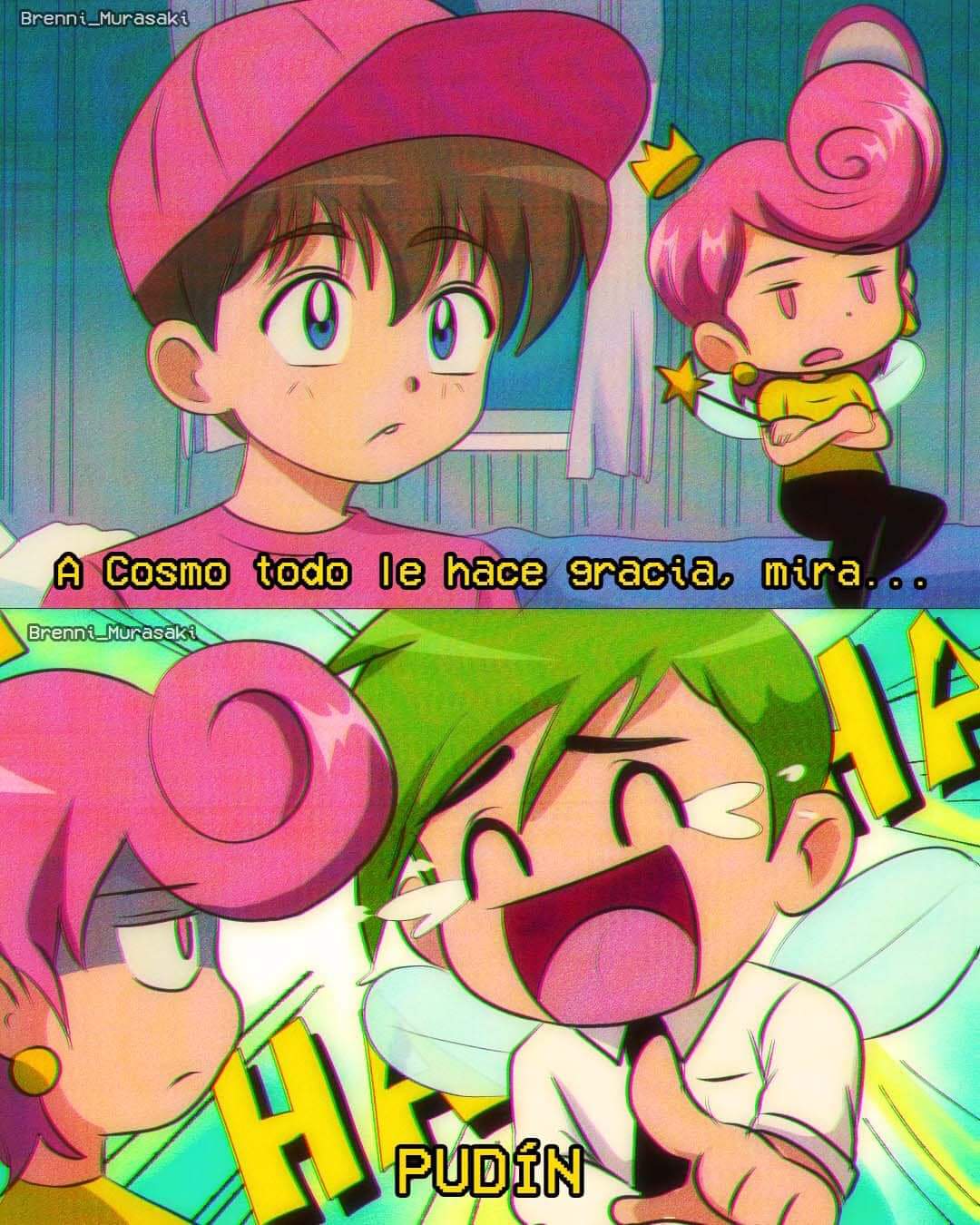 1990s_(style) 1girl 2boys black_necktie brenni_murasaki brown_hair clip_studio_paint_(medium) cosmo crown english_text fairy_wings green_hair highres holding indoors laughing multiple_boys necktie pink_hair pink_headwear pointing retro_artstyle the_fairly_oddparents timmy_turner wanda wings