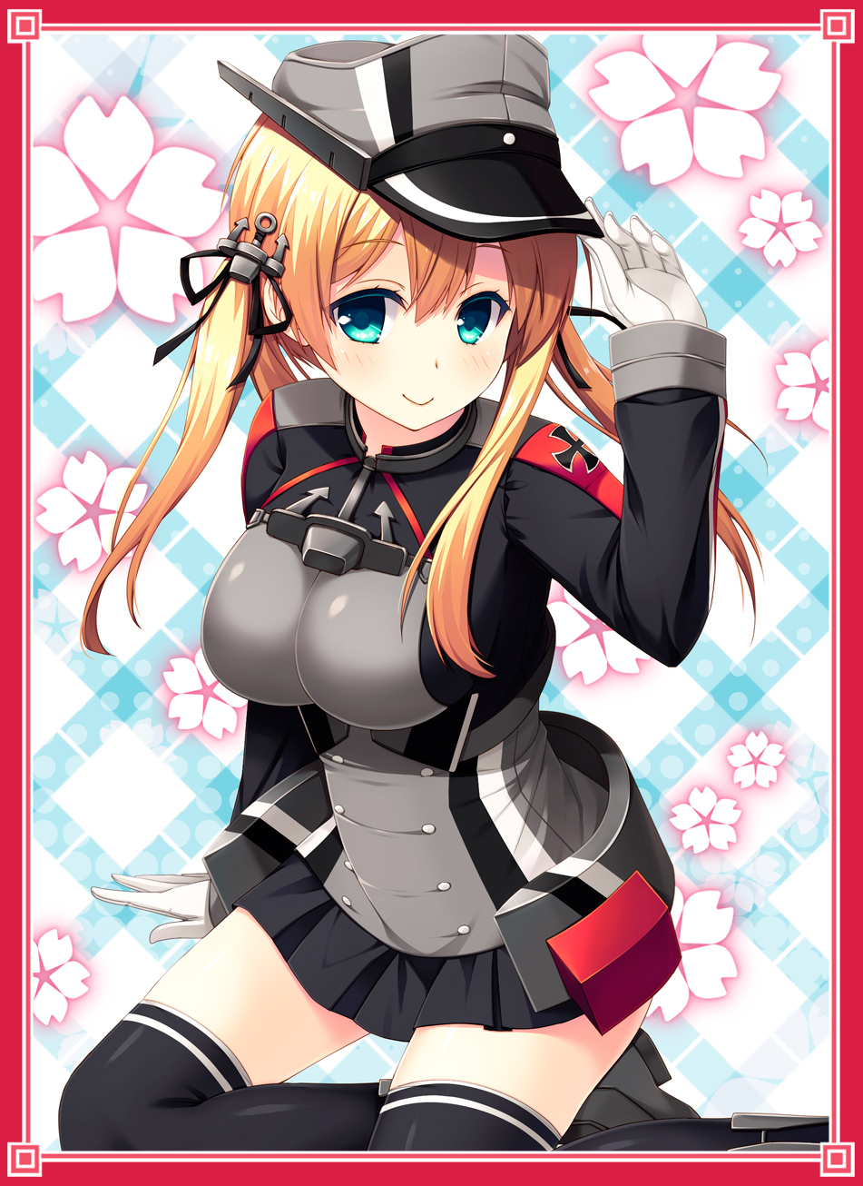 anchor_hair_ornament aqua_eyes blonde_hair breasts gloves hair_ornament hat highres kantai_collection large_breasts long_hair looking_at_viewer military military_uniform peaked_cap prinz_eugen_(kantai_collection) smile solo thighhighs twintails uniform yuntea