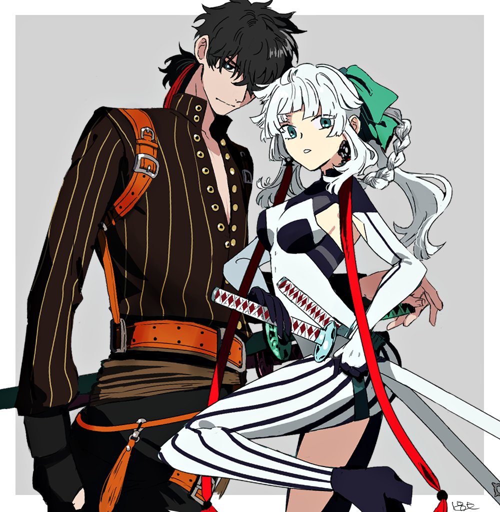 1boy 1girl aqua_eyes belt black_eyes black_hair black_pants bodysuit border breasts brown_jacket buttons closed_mouth fate/grand_order fate/samurai_remnant fate_(series) green_ribbon grey_background hair_over_one_eye hair_ribbon height_difference jacket katana long_hair looking_at_viewer messy_hair miyamoto_iori_(fate) official_alternate_costume one_eye_covered orange_belt outside_border pants pirohi_(pirohi214) ponytail ribbon short_ponytail signature simple_background small_breasts smile standing standing_on_one_leg sword weapon white_border white_hair yui_shousetsu_(fate) yui_shousetsu_(first_ascension)_(fate)