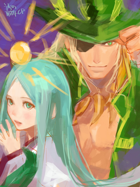 1girl amaterasu_(p&amp;d) aqua_eyes aqua_hair coat eyepatch green_eyes hands_together hat japanese_clothes jewelry long_hair long_sleeves lotus_(elico) necklace odin_(p&amp;d) puzzle_&amp;_dragons sun