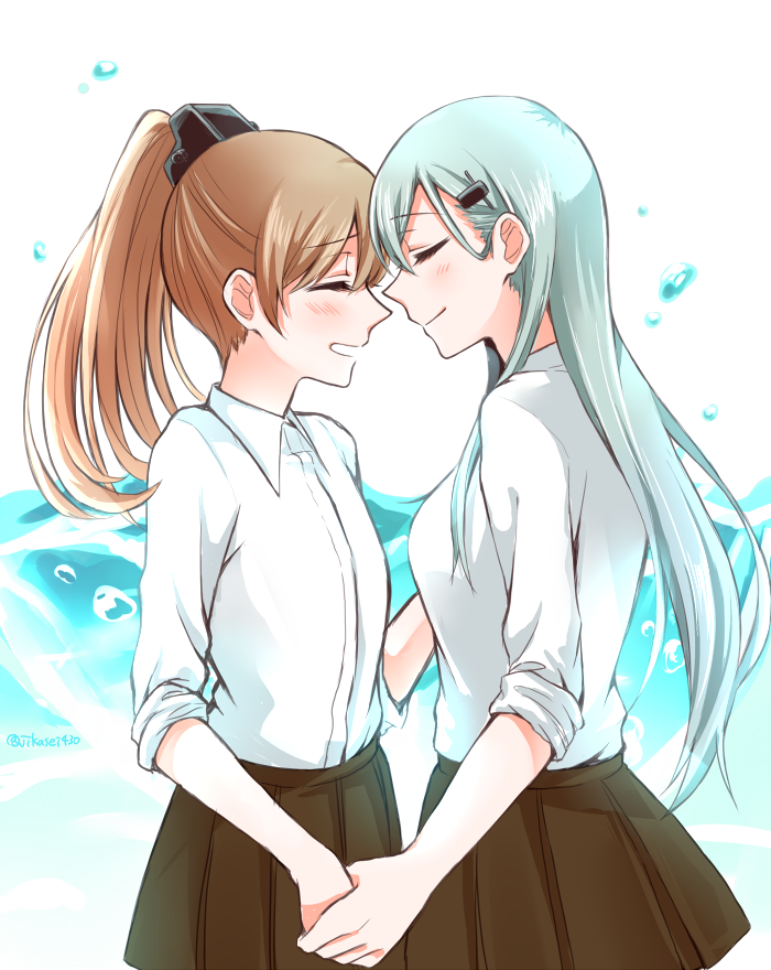 aqua_hair brown_hair closed_eyes forehead-to-forehead hair_ornament hairclip holding_hands jikasei kantai_collection kumano_(kantai_collection) long_hair multiple_girls ponytail school_uniform skirt smile suzuya_(kantai_collection) twitter_username yuri