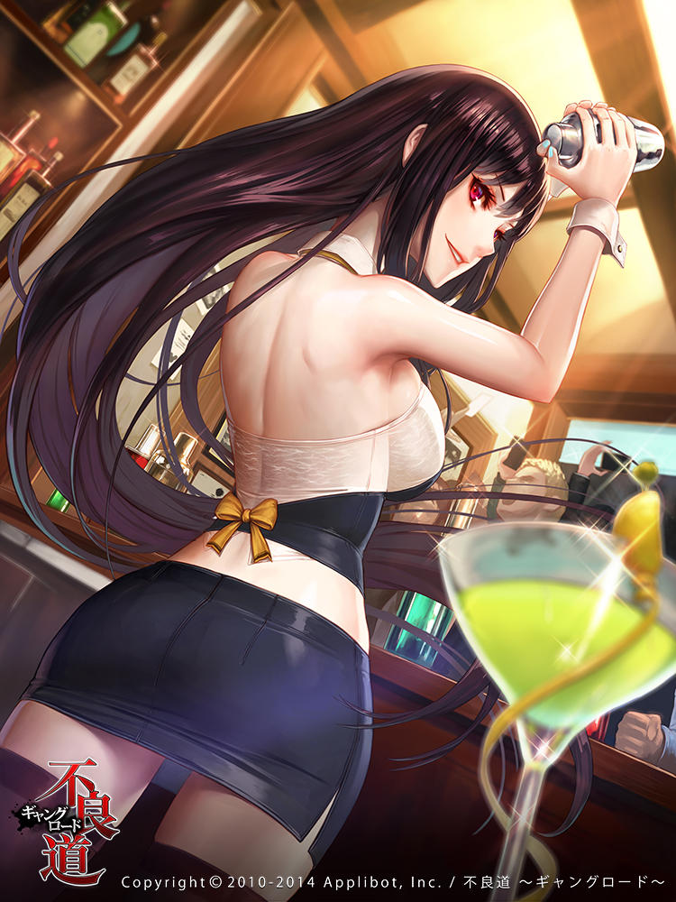 bar bare_shoulders black_hair bow breasts detached_collar drink dutch_angle from_behind furyou_michi_~gang_road~ glass large_breasts long_hair looking_back midriff miniskirt nail_polish official_art red_eyes remana shaking skindentation skirt smile solo_focus thighhighs very_long_hair wrist_cuffs zettai_ryouiki