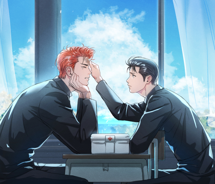 2boys bandaid bandaid_on_face bandaid_on_forehead black_hair blue_sky closed_eyes cowboy_shot day from_side gakuran hand_on_forehead hand_rest indoors leaning_forward looking_at_another male_focus mito_youhei multiple_boys nongnol234 pompadour profile red_hair sakuragi_hanamichi school_uniform short_hair sitting sky slam_dunk_(series) tearing_up window