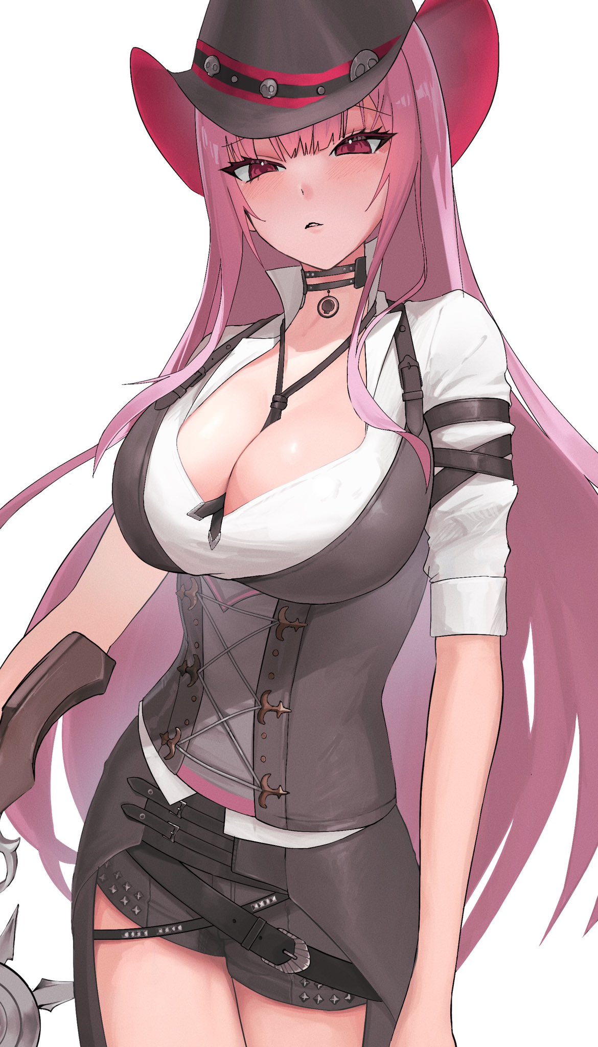 1girl breasts button_gap choker cleavage collarbone collared_shirt corset cowboy cowboy_hat gun hat highres holding holding_gun holding_weapon hololive hololive_english holster large_breasts long_hair long_sleeves looking_at_viewer low-cut midriff mori_calliope mori_calliope_(sheriff) official_alternate_costume pink_eyes pink_hair red_eyes revolver rifle sezechang sheriff_badge shirt shorts simple_background skindentation solo star_(symbol) sweat thick_thighs thigh_gap thigh_strap thighs very_long_hair vest virtual_youtuber weapon white_background white_shirt