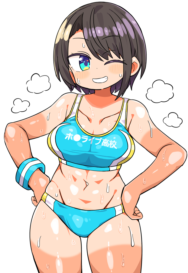 1girl abs black_hair blue_eyes blue_sports_bra breasts cleavage collarbone grin hands_on_own_hips hololive kanikama large_breasts looking_at_viewer navel one_eye_closed oozora_subaru parted_lips short_hair simple_background smile solo sports_bra sweat tan tanlines teeth virtual_youtuber white_background