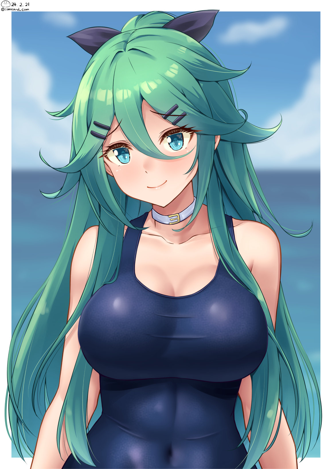 1girl alternate_breast_size alternate_costume beach black_ribbon blush border breasts commentary_request cowboy_shot day green_eyes green_hair hair_between_eyes hair_ornament hair_ribbon hairclip highres kantai_collection large_breasts long_hair looking_at_viewer one-piece_swimsuit outdoors ponytail ribbon school_swimsuit shiromaru_(maniado) smile solo swimsuit upper_body white_border yamakaze_(kancolle)