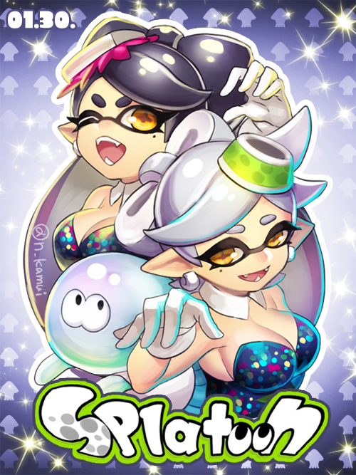 2girls bare_arms bare_shoulders black_dress black_hair black_jumpsuit bow-shaped_hair breasts callie_(splatoon) cleavage cousins detached_collar dress fangs flipped_hair food food_on_head gloves grey_hair jellyfish_(splatoon) jumpsuit kamui_natsuki long_hair marie_(splatoon) mole mole_under_eye multiple_girls object_on_head patterned_background pointy_ears short_hair short_jumpsuit short_ponytail splatoon_(series) splatoon_1 squid_girl strapless strapless_dress sushi swept_bangs tentacle_hair thick_eyebrows twintails white_gloves yellow_eyes