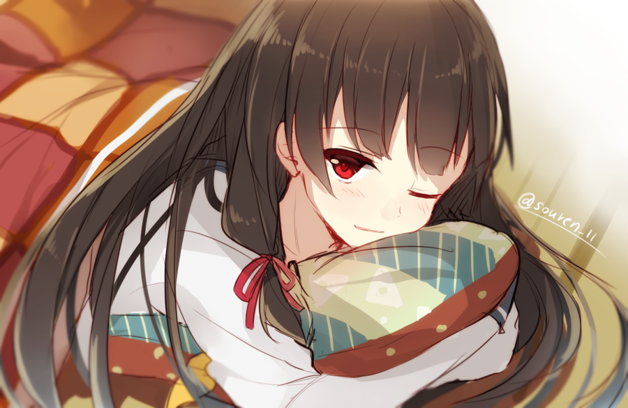 black_hair hiiragi_souren isokaze_(kantai_collection) kantai_collection long_hair looking_at_viewer lying on_stomach one_eye_closed pillow pillow_hug quilt red_eyes solo