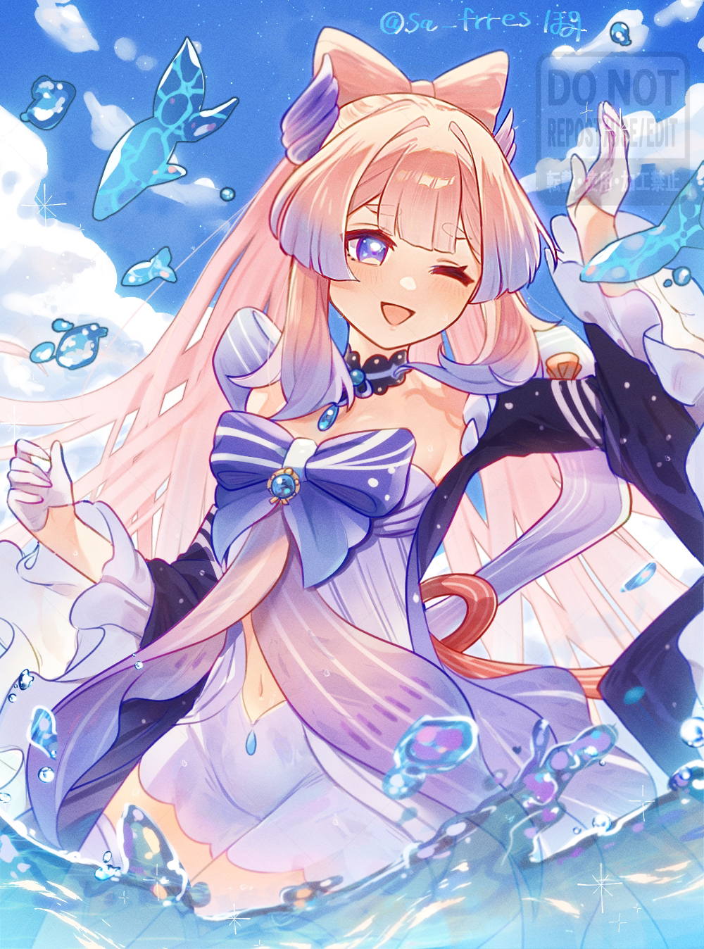 1girl ;d bare_shoulders black_choker blue_bow blue_dress blue_eyes blue_hair blue_sky bow choker cloud commentary_request day dress genshin_impact gradient_hair highres long_hair long_sleeves multicolored_hair navel off-shoulder_dress off_shoulder one_eye_closed open_mouth pink_hair pomitaro sangonomiya_kokomi short_shorts shorts sky smile solo very_long_hair water white_shorts wide_sleeves