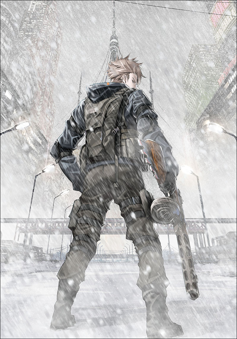 1boy black_gloves boots brown_pants bulletproof_vest city danila_kuragin elbow_pads full_body gloves gun holding holding_gun holding_weapon hood hood_down hooded_jacket jacket kannatsuki_noboru light_brown_hair looking_at_viewer male_focus military_operator moscow_2160 official_art outdoors pants ppsh-41 second-party_source snowing solo spiked_hair submachine_gun thigh_pouch weapon