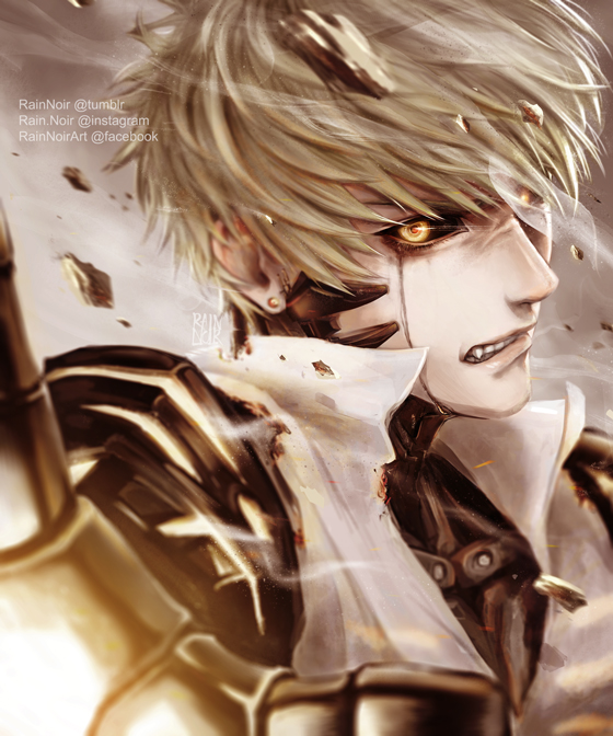 1boy artist_name black_sclera blonde_hair clenched_teeth colored_sclera commentary_request cyborg earrings facebook_username genos instagram_username jewelry male_focus one-punch_man rainnoir short_hair signature solo teeth tumblr_username yellow_eyes