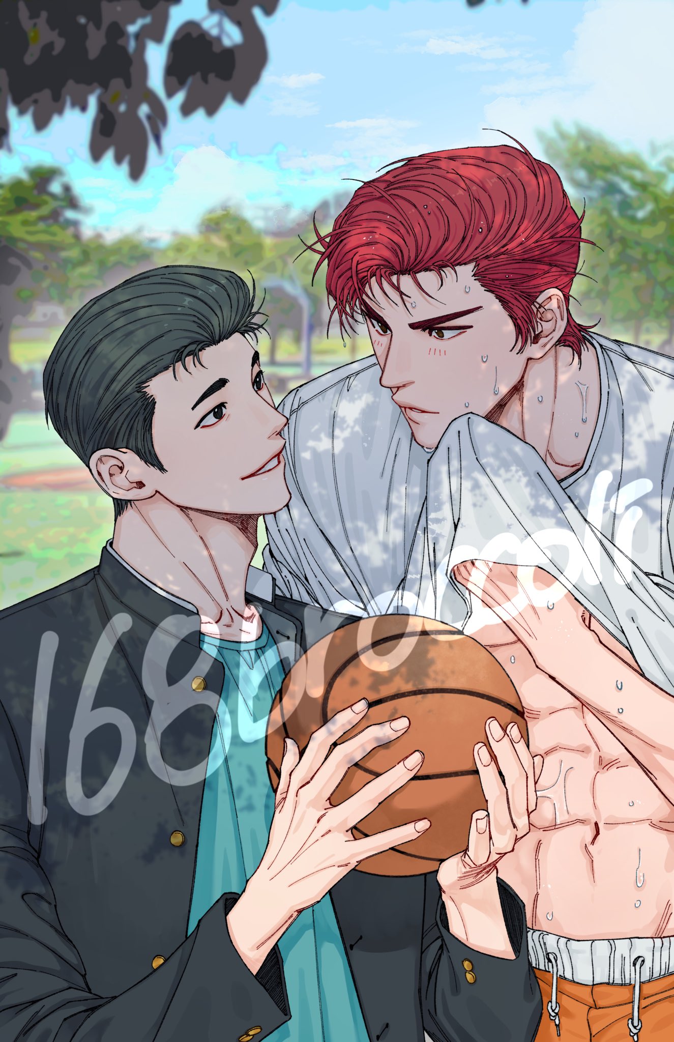 168broccoli 2boys abs ball basketball_(object) black_hair clothes_lift dappled_sunlight day eye_contact gakuran highres holding holding_ball looking_at_another male_focus mito_youhei multiple_boys navel outdoors pompadour pulled_by_self red_hair sakuragi_hanamichi school_uniform shirt_lift short_hair slam_dunk_(series) smile sunlight sweat upper_body watermark wiping_face