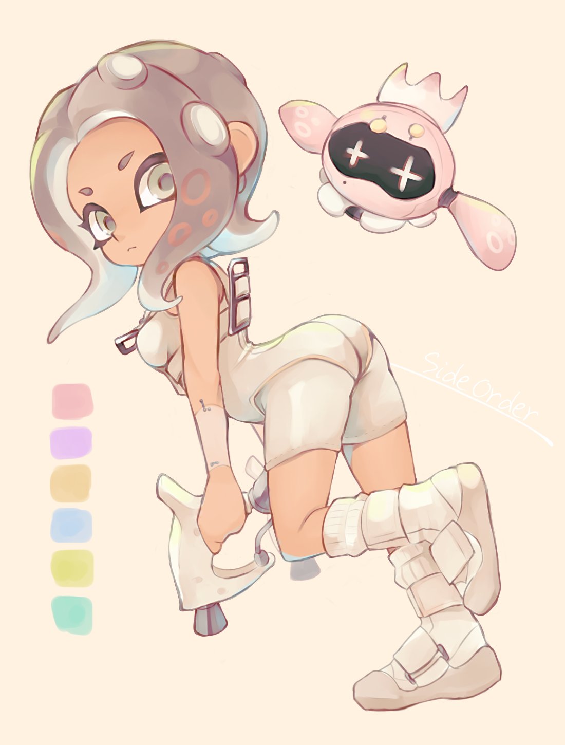 1girl ass bodysuit breasts brown_eyes brown_hair dark-skinned_female dark_skin from_behind full_body highres kneepits leg_up looking_back octoling_girl octoling_player_character sen1986 shoes short_hair shorts small_breasts socks splatoon_(series) splatoon_2 splatoon_2:_octo_expansion standing standing_on_one_leg suction_cups tentacle_hair thighs weapon weapon_request white_bodysuit white_footwear white_shorts white_socks