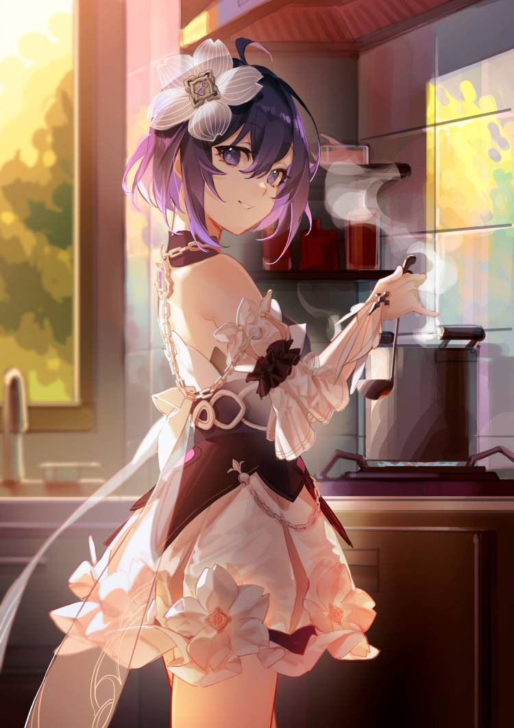 1girl ahoge bare_shoulders black_hair chain commentary_request cooking_pot day detached_sleeves dress faucet flower from_side hair_between_eyes hair_flower hair_ornament hand_up holding honkai_(series) honkai_impact_3rd indoors ladle looking_at_viewer looking_to_the_side puffy_short_sleeves puffy_sleeves purple_eyes purple_hair sang_sha seele_vollerei seele_vollerei_(stygian_nymph) short_sleeves smile solo standing steam tile_wall tiles transparent white_dress white_flower white_sleeves window