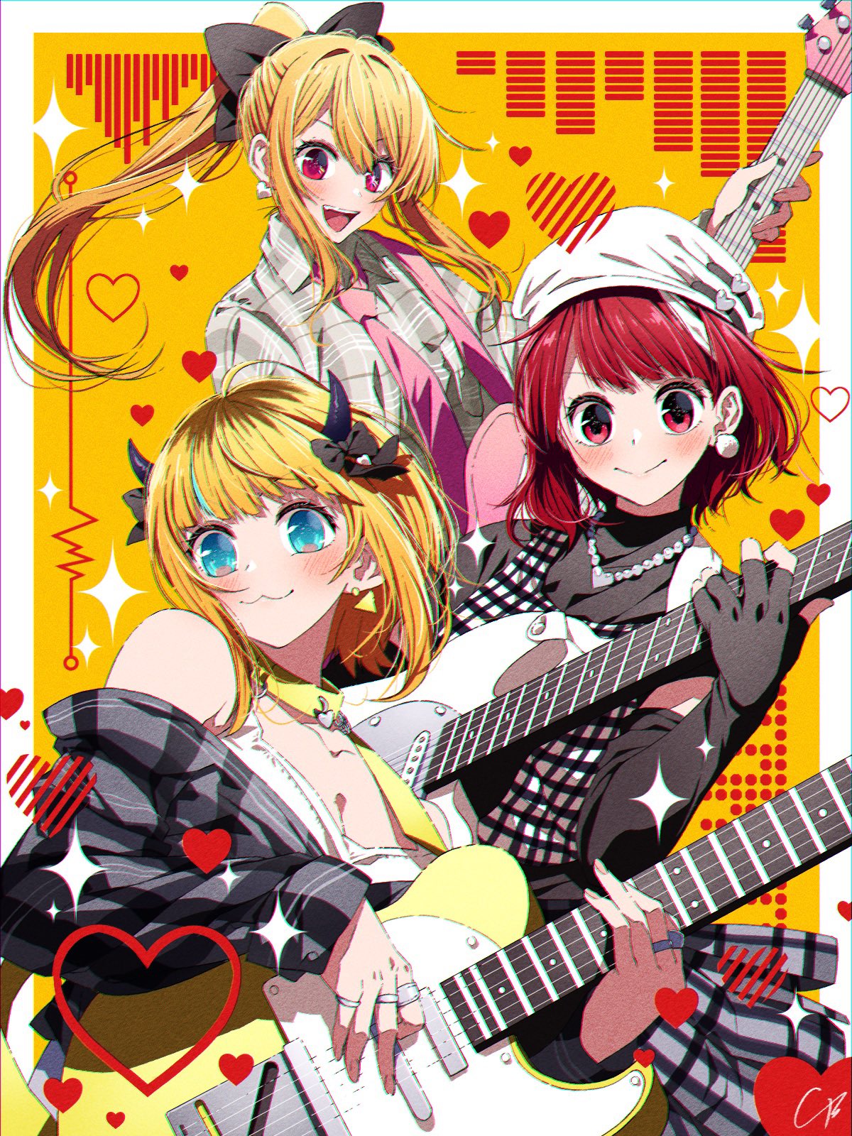 3girls 4b-enpitsu arima_kana bead_necklace beads black_gloves blonde_hair blush border breasts choker chromatic_aberration cleavage closed_mouth collarbone collared_shirt commentary demon_horns dress_shirt earrings elbow_gloves film_grain fingerless_gloves floating_hair gloves grey_shirt guitar hair_between_eyes heart heart_earrings highres holding holding_guitar holding_instrument horns hoshino_ruby instrument jewelry long_hair looking_at_viewer memcho mismatched_pupils multicolored_hair multiple_girls multiple_rings music necklace necktie no_pupils open_mouth oshi_no_ko pink_necktie plaid plaid_skirt playing_instrument ponytail red_eyes red_hair ring roots_(hair) shirt short_hair sidelocks signature skirt star-shaped_pupils star_(symbol) stud_earrings symbol-shaped_pupils teeth upper_teeth_only white_border white_headwear yellow_choker