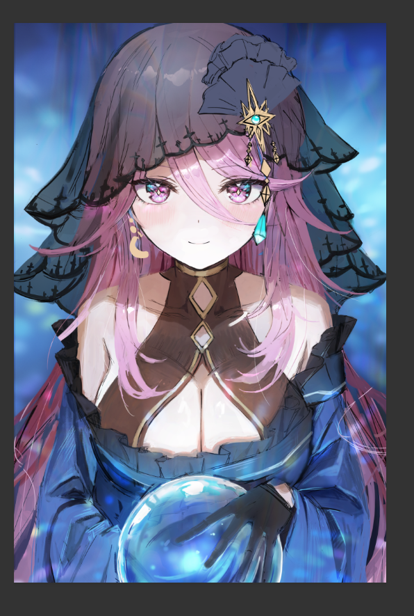 1girl bare_shoulders black_gloves breasts cleavage collarbone crystal_ball earrings gloves heaven_burns_red jewelry large_breasts long_hair multicolored_eyes pink_eyes pink_hair sakuraba_seira sidelocks solo sonchi veil witch