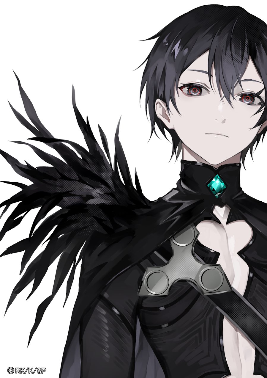 1boy black_cape black_eyes black_feathers black_hair black_jacket cape feathers highres jacket jewelry kirito lam_(ramdayo) looking_at_viewer official_art pale_skin revealing_clothes short_hair strap sword_art_online white_background