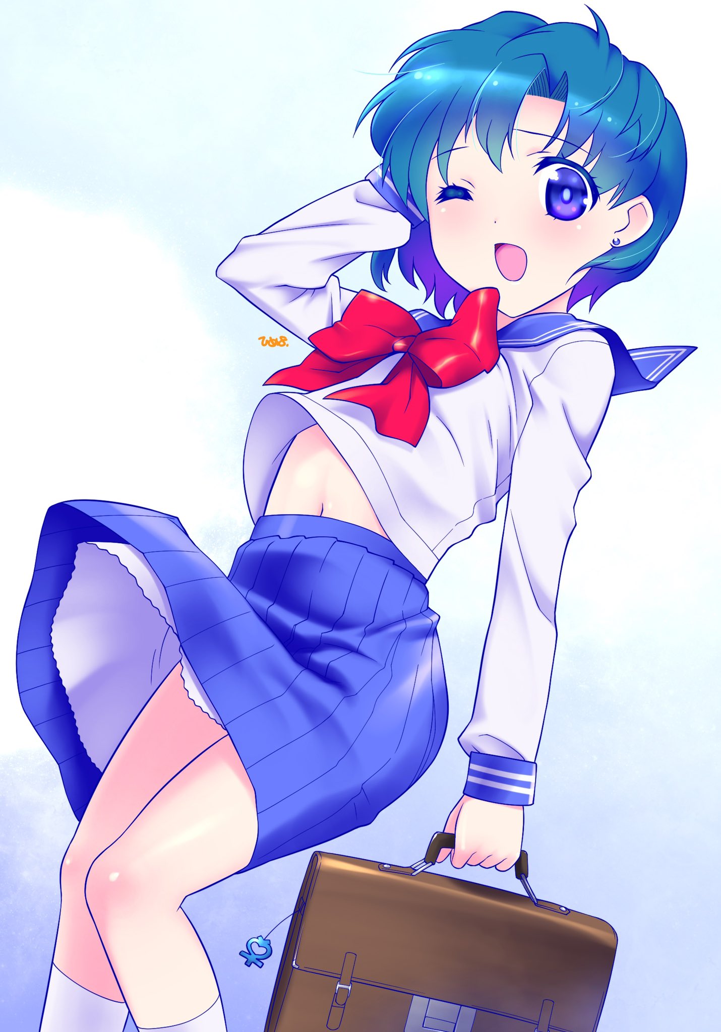 1girl bishoujo_senshi_sailor_moon blue_eyes blue_hair blue_sailor_collar blue_skirt bow clothes_lift earrings highres himewachi jewelry juuban_middle_school_uniform midriff mizuno_ami one_eye_closed pleated_skirt red_bow sailor_collar school_uniform serafuku shirt short_hair skirt skirt_lift solo stud_earrings suitcase