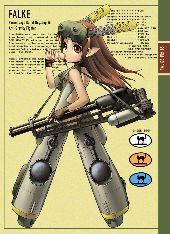ass brown_hair character_name convenient_censoring cover drinking emblem english falke_pkf_85 fingerless_gloves gloves gun hairband janome_gochou long_hair looking_back maschinen_krieger mecha_musume model personification pointy_ears red_eyes revision science_fiction solo weapon yakult