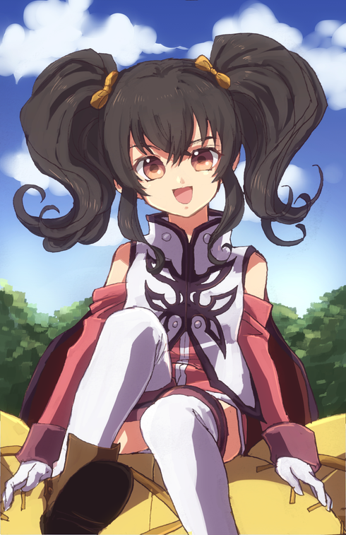 1girl anise_tatlin black_hair brown_eyes cloud doll gloves long_hair looking_at_viewer murata_tefu open_mouth ribbon smile solo surcoat tales_of_(series) tales_of_the_abyss thighhighs tokunaga_(tales) twintails white_gloves