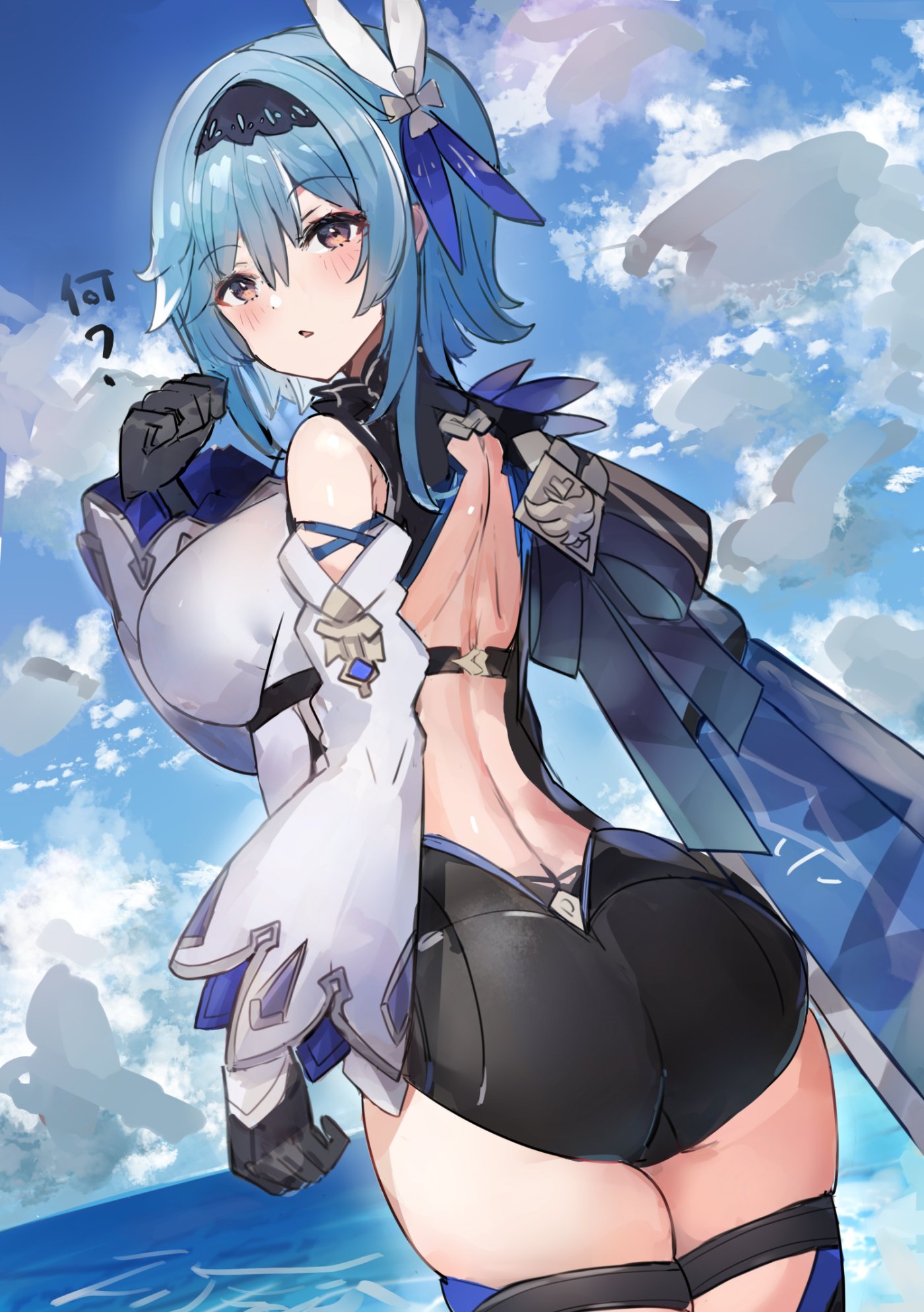 1girl ass black_gloves black_hairband black_shorts blue_cape blue_hair blue_sky breasts brown_eyes cape cloud commentary_request cowboy_shot day eula_(genshin_impact) genshin_impact gloves hair_ornament hairband hand_up highres large_breasts long_hair long_sleeves looking_at_viewer parted_lips shirt short_shorts shorts sky solo standing the_olphy thighs white_shirt wide_sleeves