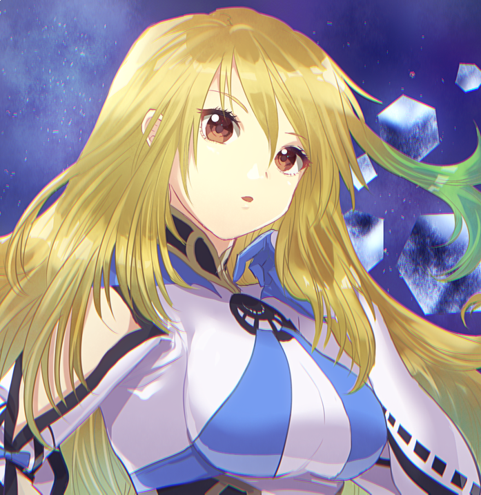 1girl blonde_hair breasts brown_eyes long_hair looking_at_viewer milla_maxwell murata_tefu open_mouth solo star_(sky) tales_of_(series) tales_of_xillia tales_of_xillia_2