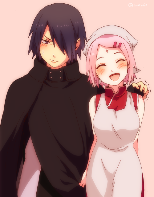 1girl amiko apron blush cloak eyes_closed facial_mark fingerless_gloves forehead_mark gloves hair_ornament hair_over_one_eye hairclip haruno_sakura husband_and_wife naruto pink_hair shaking smile uchiha_sasuke