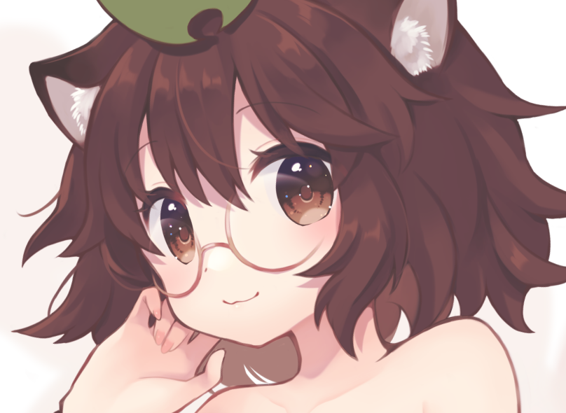 1girl :3 animal_ears bare_shoulders brown_eyes brown_hair commentary futatsuiwa_mamizou leaf leaf_on_head looking_at_viewer medium_hair portrait raccoon_ears semi-rimless_eyewear sen1986 smile solo touhou unfinished