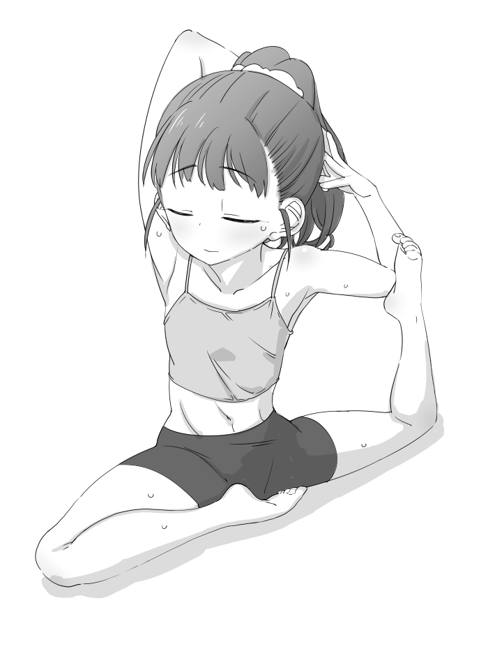 1girl armpits arms_behind_head barefoot black_hair black_shorts camisole closed_eyes closed_mouth collarbone commentary flexible foot_up fukuyama_mai full_body greyscale idolmaster idolmaster_cinderella_girls midriff monochrome navel nishino_hikoji pants pigeon_pose ponytail scrunchie shadow shorts simple_background solo stretching sweat white_background white_scrunchie yoga_pants