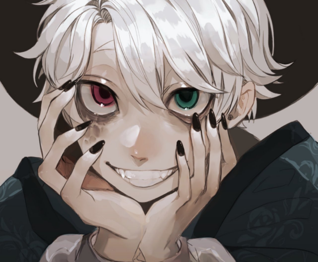 1boy black_nails eyelid_pull fangs green_eyes grey_background grin hands_on_own_cheeks hands_on_own_face hands_up hat heterochromia looking_at_viewer male_focus minai_mosa original pink_eyes short_hair simple_background smile solo upper_body very_short_hair white_hair