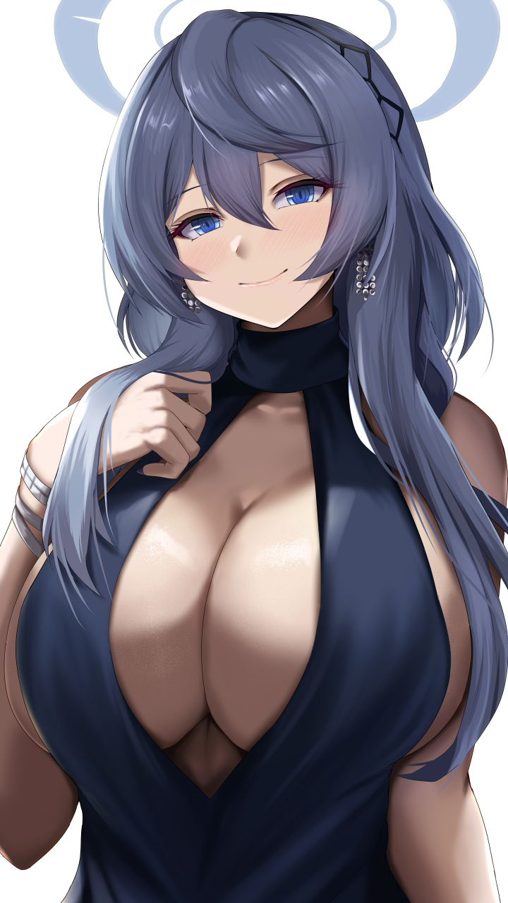 1girl ako_(blue_archive) ako_(dress)_(blue_archive) blue_archive blue_dress blue_eyes blue_hair blush breasts cleavage closed_mouth dress earrings hair_between_eyes highres jewelry kanzaki_kureha large_breasts long_hair looking_at_viewer official_alternate_costume sideboob simple_background sleeveless sleeveless_dress smile solo upper_body white_background