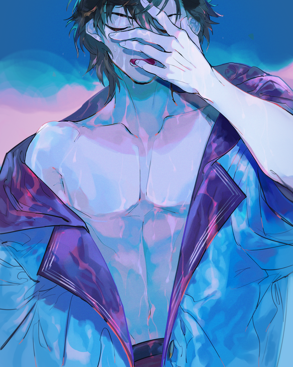1boy bishounen blue_background brown_hair commentary commentary_request granblue_fantasy hair_between_eyes hand_on_own_face highres hrmnmach jacket male_focus navel no_nipples official_alternate_costume open_clothes open_jacket open_mouth partially_undressed pectorals sandalphon_(granblue_fantasy) short_hair solo_focus wet wet_clothes wet_hair white_jacket