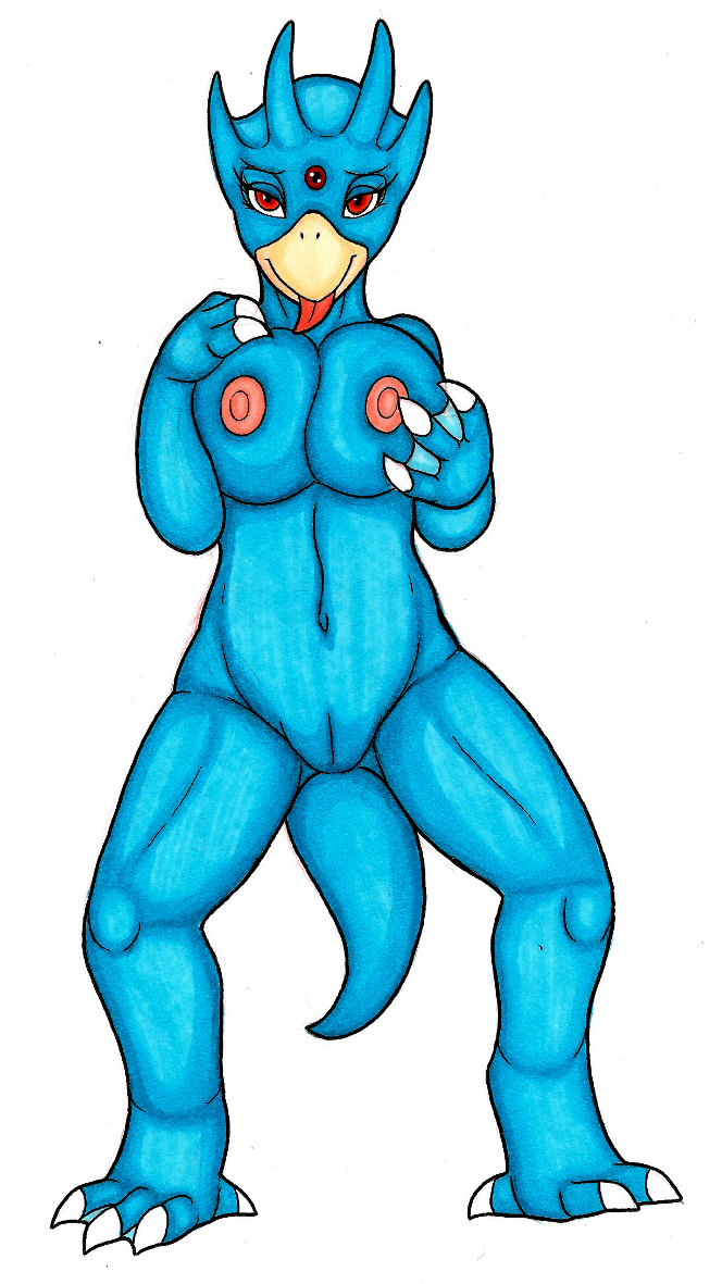 3_fingers 4_toes after_transformation anthro aroused avian beak bedroom_eyes big_breasts blue_body blue_skin breast_fondling breast_play breast_squish breasts claws enjoying erect_nipples eyelashes feet female finger_claws fingers fondling forehead_gem front_view gem generation_1_pokemon genitals golduck gym_leader hand_on_breast hand_on_butt heel_claw horn huge_breasts ivanks looking_at_viewer looking_pleasured membrane_(anatomy) misty_(pokemon) narrowed_eyes navel nintendo nipples non-mammal_breasts non-mammal_nipples nude pokemon pokemon_(species) pupils pussy red_eyes seductive self_fondle simple_background solo species_transformation spread_legs spreading squish standing tail thick_thighs toe_claws toes tongue tongue_out transformation white_background white_claws