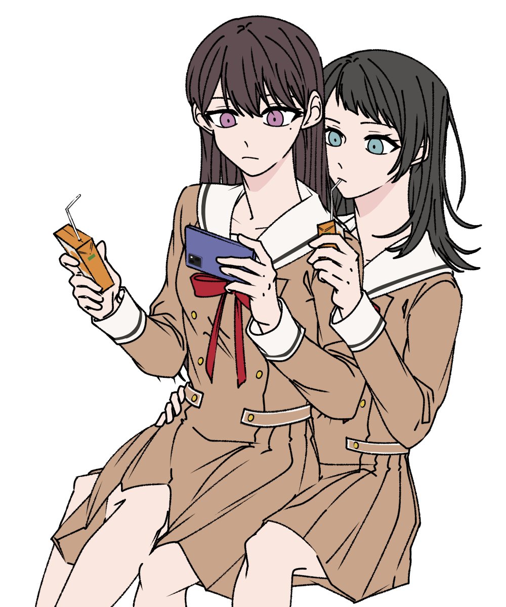 2girls a_jak bang_dream! bang_dream!_it's_mygo!!!!! black_hair blue_eyes brown_dress brown_hair cellphone closed_mouth commentary_request dress drinking_straw drinking_straw_in_mouth hanasakigawa_school_uniform hand_on_another's_waist highres holding holding_phone juice_box korean_commentary long_hair long_sleeves multiple_girls neck_ribbon phone pleated_skirt purple_eyes red_ribbon ribbon sailor_collar school_uniform serafuku shiina_taki simple_background sitting sitting_on_lap sitting_on_person skirt smartphone white_background white_sailor_collar yahata_umiri yuri