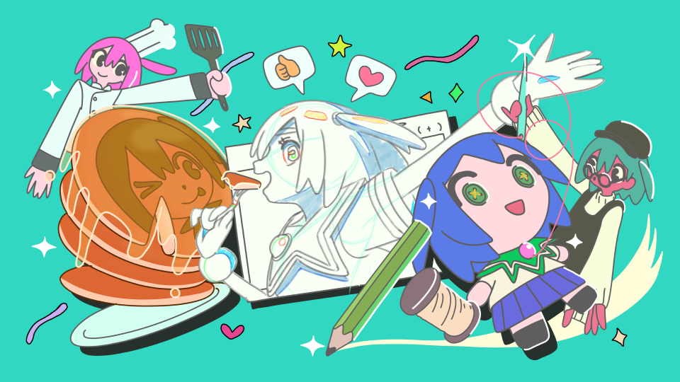 3girls aqua_background arm_up blue_hair chef chef_hat closed_mouth dark-skinned_female dark_skin doll eating food glasses hat heart holding holding_spatula long_hair long_sleeves multiple_girls needle official_art open_mouth original pancake pancake_stack pencil pink_hair short_hair simple_background smile spatula spoken_heart spoken_thumbs_up thread toque_blanche youtube