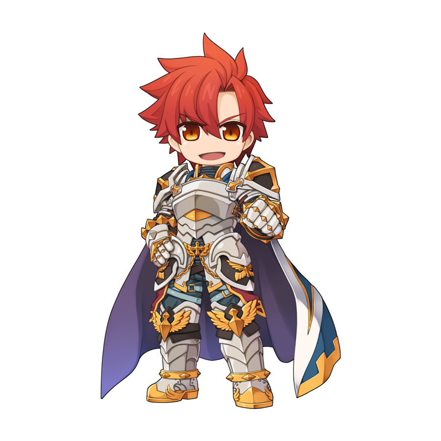 1boy armor armored_boots blue_cape boots breastplate cape chibi clenched_hand cross faulds full_body gauntlets hair_between_eyes hand_on_own_hip imperial_guard_(ragnarok_online) leg_armor looking_at_viewer male_focus medium_bangs official_art open_mouth orange_eyes parted_bangs pauldrons purple_cape ragnarok_online red_hair short_hair shoulder_armor simple_background smile solo standing tachi-e transparent_background two-sided_cape two-sided_fabric v-shaped_eyebrows yuichirou