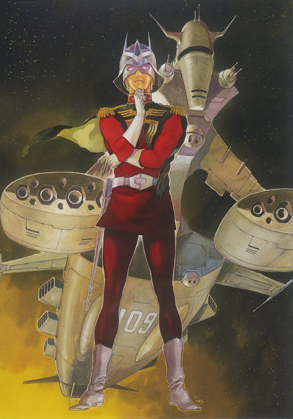 1980s_(style) 1boy 2001 beam_cannon belt boots char_aznable cover dated energy_cannon gundam hand_on_own_chin helmet highres holster magazine_cover mask military military_uniform mobile_suit_gundam musai official_art painting_(medium) retro_artstyle scan science_fiction signature spacecraft thinking traditional_media turret uniform yasuhiko_yoshikazu zeon