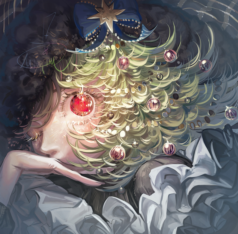 1girl blue_bow bow christmas christmas_ornaments close-up hair_bow hair_ornament looking_at_viewer mizutame_tori one_eye_closed original red_eyes solo