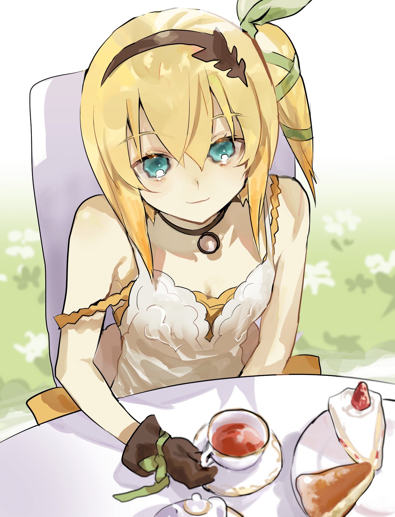 1girl black_choker blonde_hair cake choker closed_mouth dress edna_(tales) food gloves green_ribbon hair_ribbon hairband highres looking_at_viewer ribbon short_hair side_ponytail single_glove sitting smile solo strap_slip tales_of_(series) tales_of_zestiria talesofmea white_dress