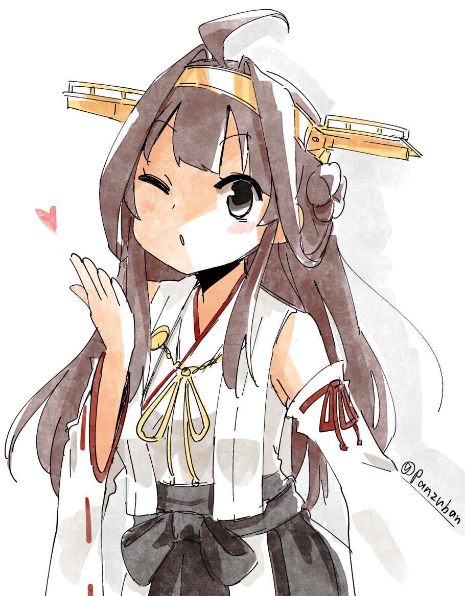 1girl ahoge blowing_kiss brown_eyes brown_hair detached_sleeves hair_bun headgear heart japanese_clothes kantai_collection kongou_(kancolle) long_hair looking_at_viewer nontraditional_miko one_eye_closed panzuban ribbon-trimmed_sleeves ribbon_trim sidelocks simple_background solo twitter_username wide_sleeves