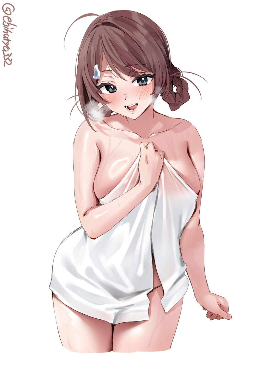 1girl ahoge blush braid braided_hair_rings breasts brown_hair chougei_(kancolle) collarbone cowboy_shot cropped_legs ebifurya grey_eyes groin hair_between_eyes hair_intakes hair_ornament hand_up heavy_breathing highres kantai_collection large_breasts looking_at_viewer medium_hair naked_towel one-hour_drawing_challenge open_mouth parted_bangs sidelocks simple_background smile solo thighs towel twin_braids twitter_username wet white_background white_towel
