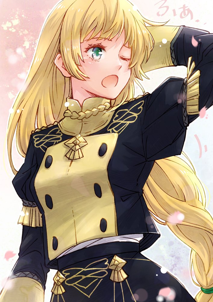 1girl blonde_hair braid breasts commentary_request ebi_puri_(ebi-ebi) fire_emblem fire_emblem:_three_houses garreg_mach_monastery_uniform green_eyes ingrid_brandl_galatea long_hair long_sleeves one_eye_closed open_mouth small_breasts solo