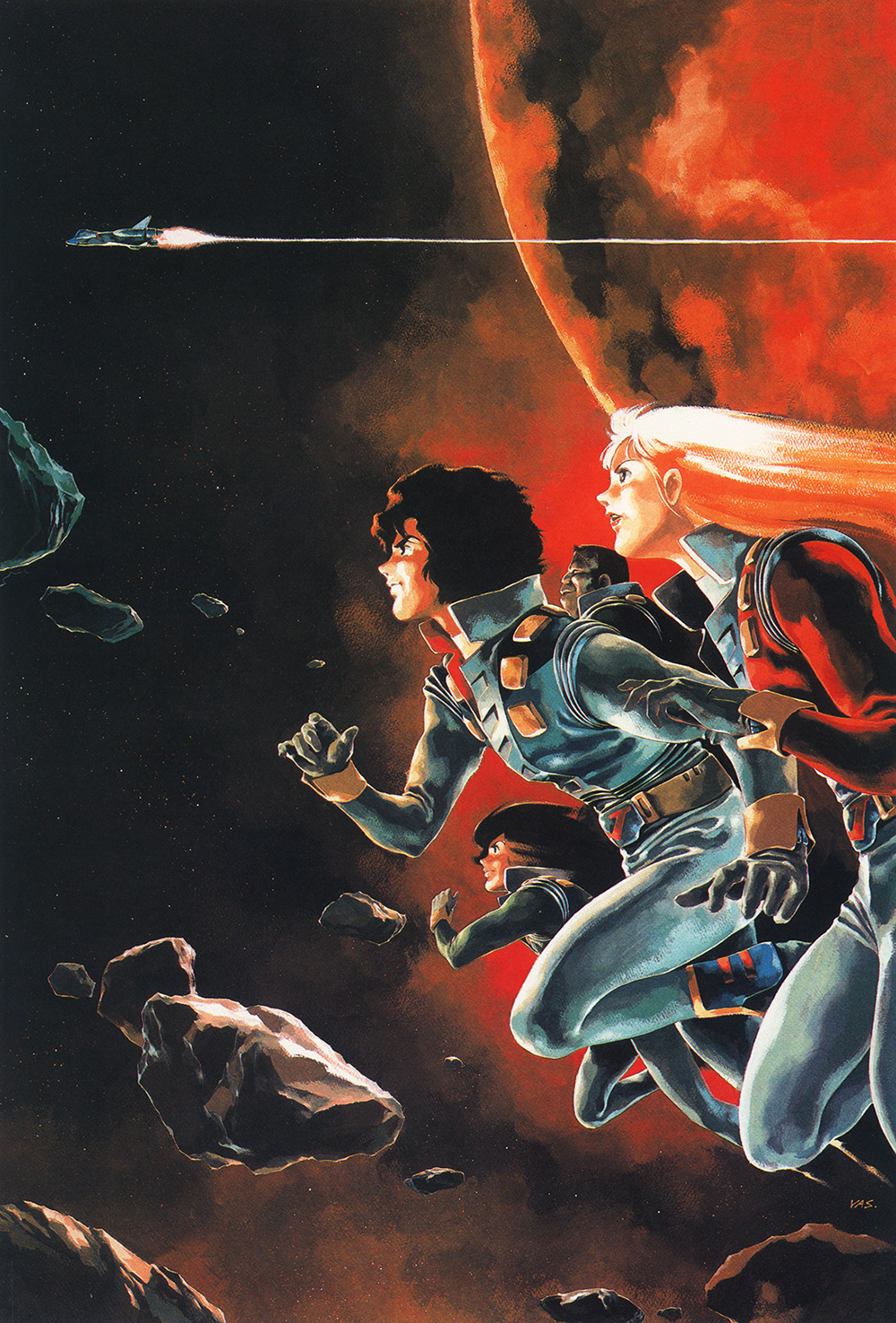 1980s_(style) 1girl 3boys alfin asteroid blonde_hair brown_hair concept_art copyright_name crusher_joe highres joe_(crusher_joe) logo long_hair multiple_boys multiple_girls official_art planet production_art profile promotional_art retro_artstyle ricky_(crusher_joe) running scan science_fiction short_hair signature space spacecraft starfighter talos_(crusher_joe) uniform yasuhiko_yoshikazu