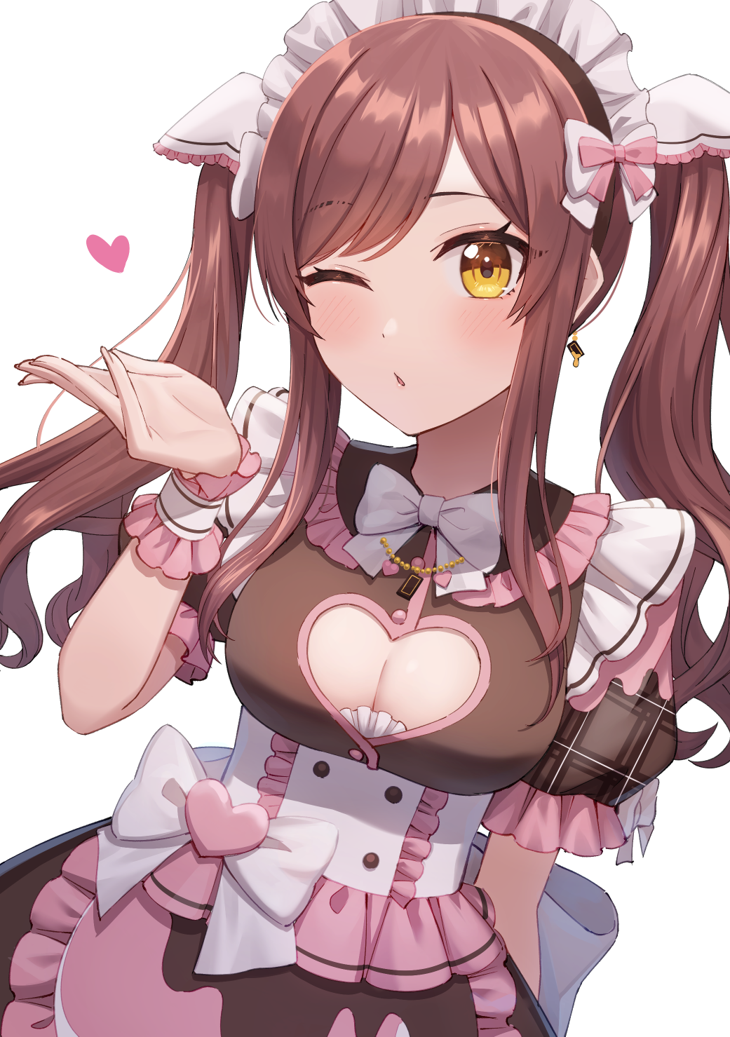 1girl alternate_costume apron blowing_kiss blush breasts brown_dress cleavage cleavage_cutout clothing_cutout dress earrings enmaided frilled_apron frilled_dress frills heart highres idolmaster idolmaster_shiny_colors jewelry juliet_sleeves kurageso long_hair long_sleeves looking_at_viewer maid maid_apron maid_headdress medium_breasts official_alternate_costume official_alternate_hairstyle one_eye_closed open_mouth osaki_amana plaid_sleeves puffy_short_sleeves puffy_sleeves red_hair short_sleeves solo swept_bangs twintails waist_apron yellow_eyes