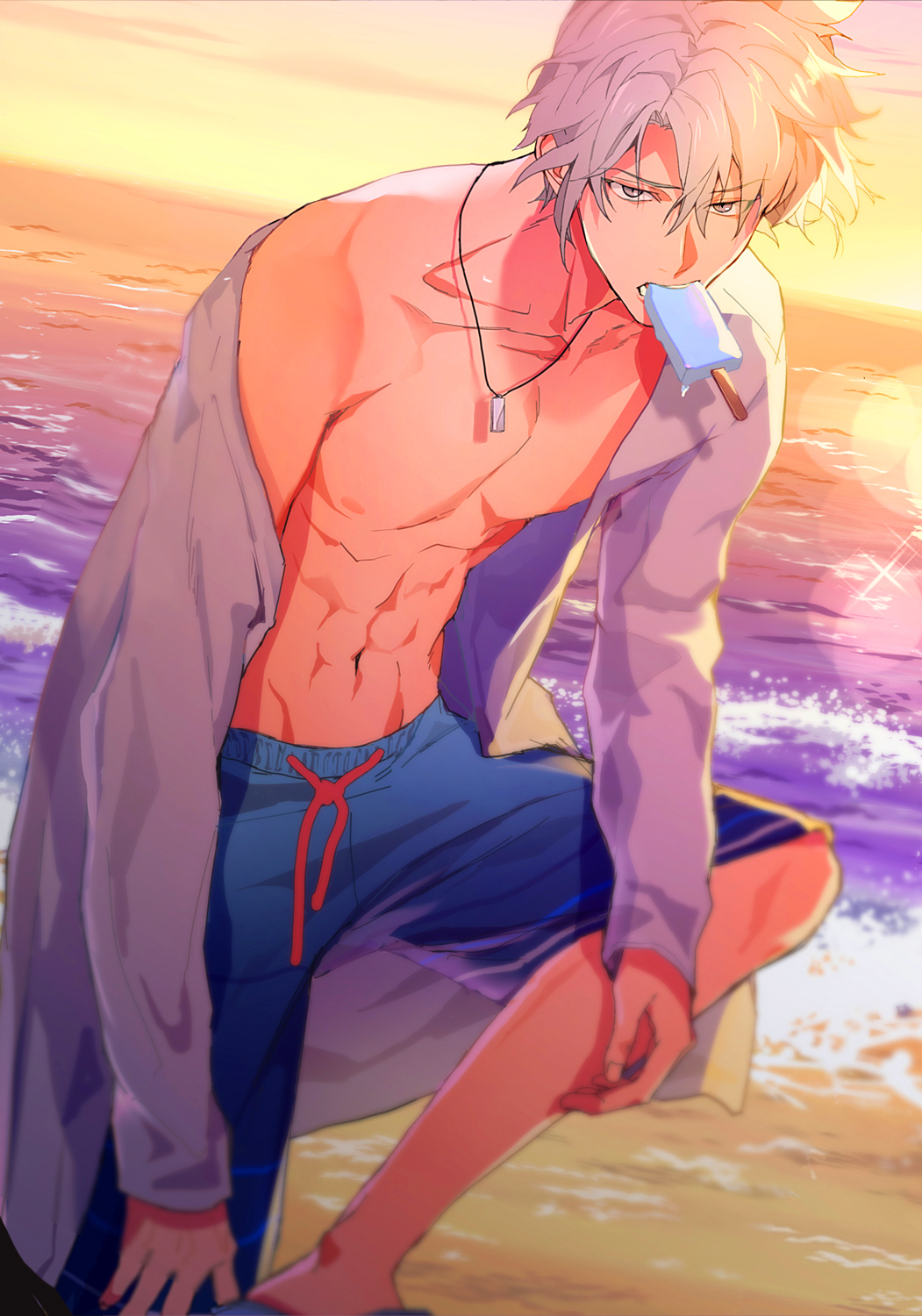 1boy abs beach blue_swim_trunks clothes_pull collarbone dog_tags dusk food food_in_mouth grey_eyes hand_on_own_leg highres idolish7 leaning_forward light_frown looking_at_viewer male_focus male_swimwear nipples parted_bangs parted_lips pectorals popsicle popsicle_in_mouth raised_eyebrow rinunu shirt shirt_pull short_hair single_bare_shoulder sky solo standing standing_on_one_leg sunlight teeth upper_body waves white_hair white_shirt yaotome_gaku