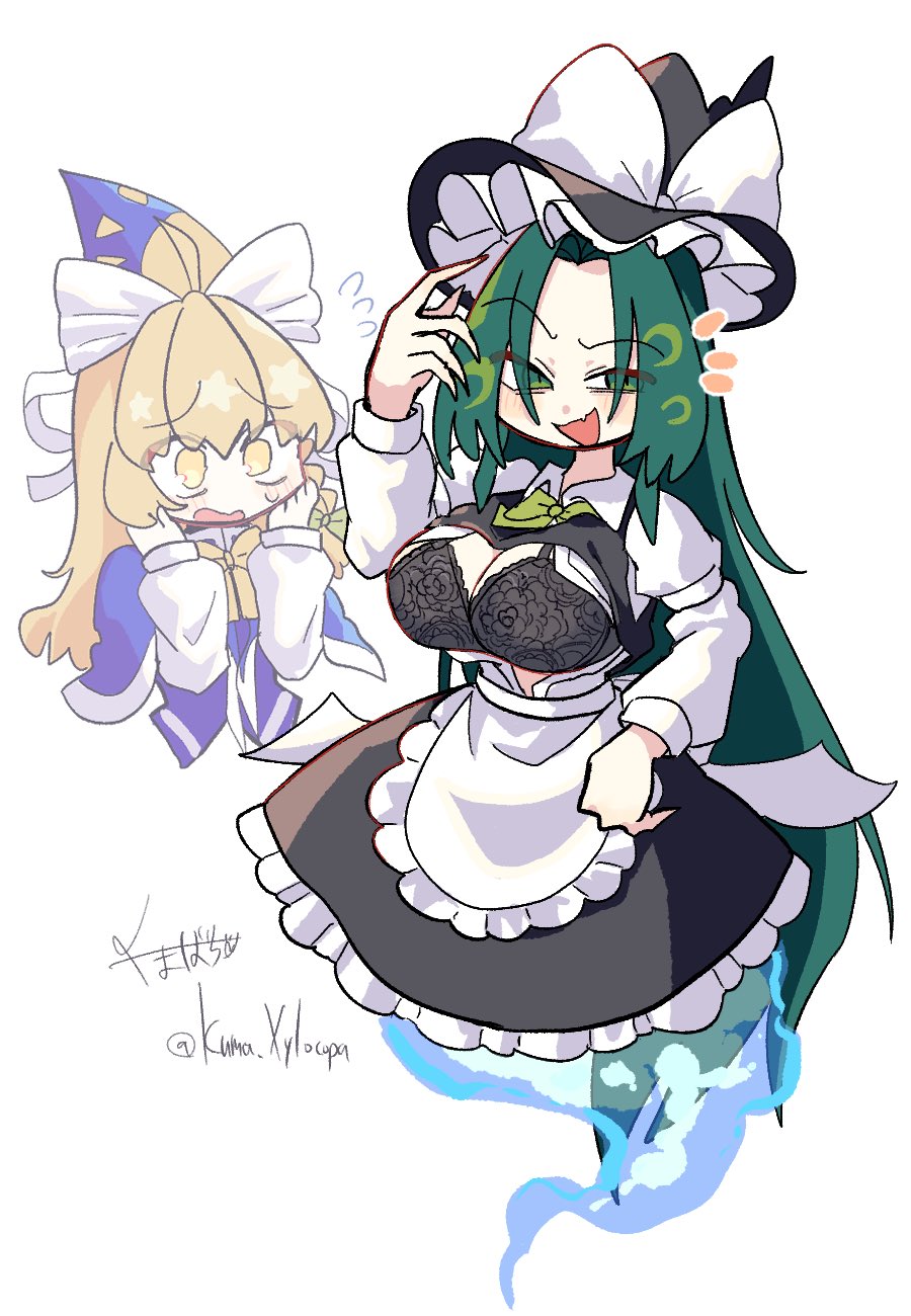 2girls apron black_bra black_hat black_skirt black_vest blonde_hair blue_hat blue_vest bow bowtie bra breasts cleavage commentary_request cosplay costume_switch eyes_visible_through_hair fang frilled_skirt frills full_body ghost_tail green_eyes green_hair hair_between_eyes hat hat_bow highres kirisame_marisa kirisame_marisa_(cosplay) kuma_xylocopa large_breasts long_bangs long_hair looking_at_viewer mima_(touhou) mima_(touhou)_(cosplay) multiple_girls notice_lines open_clothes open_mouth open_shirt raised_eyebrow shirt simple_background skin_fang skirt skirt_set slit_pupils smile touhou touhou_(pc-98) underwear very_long_hair vest waist_apron white_apron white_background white_bow white_shirt witch_hat yellow_bow yellow_bowtie