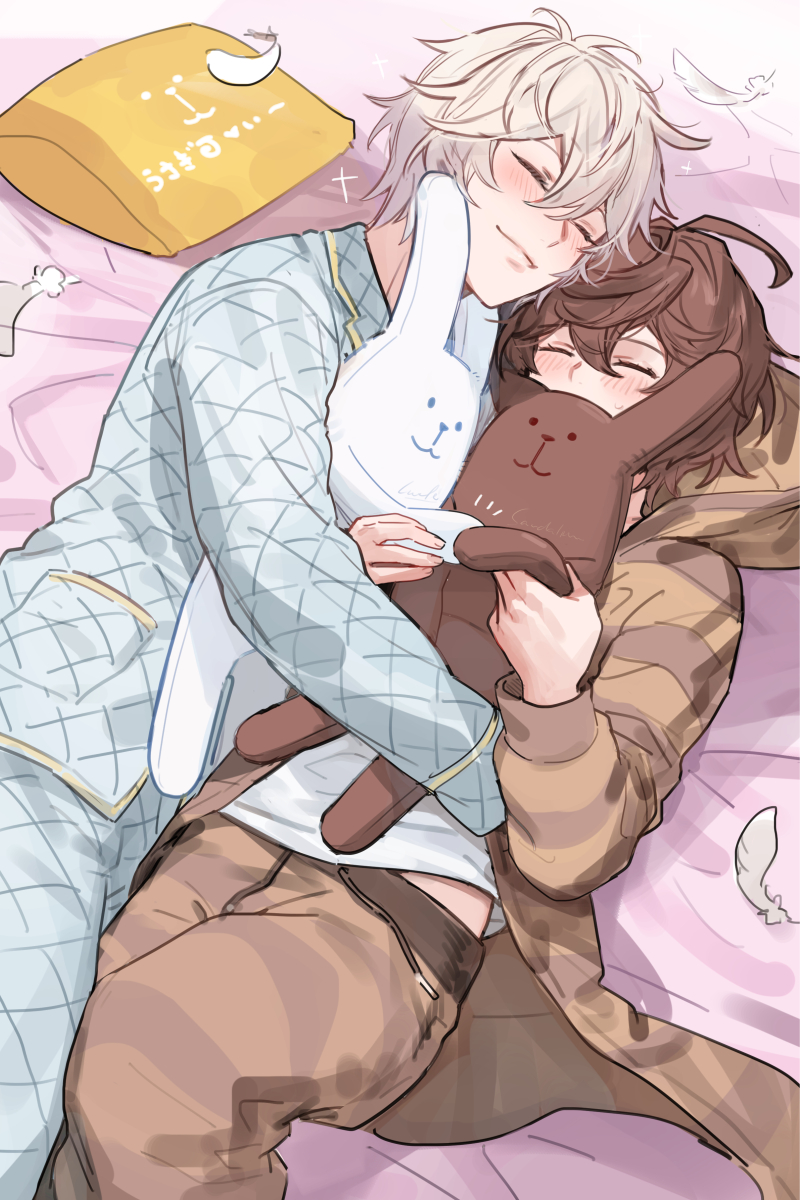 ahoge alternate_costume bed_sheet bishounen blue_pajamas blush brown_hair brown_pajamas commentary commentary_request cowboy_shot feathers granblue_fantasy hair_between_eyes highres holding holding_stuffed_toy hood hood_down hug light_smile lucifer_(shingeki_no_bahamut) lying male_focus on_back on_side pajamas pants pillow print_pajamas sandalphon_(granblue_fantasy) shirt short_hair sleeping sleepwear striped_clothes striped_pajamas stuffed_toy sweatpants tki white_feathers white_hair white_shirt yaoi