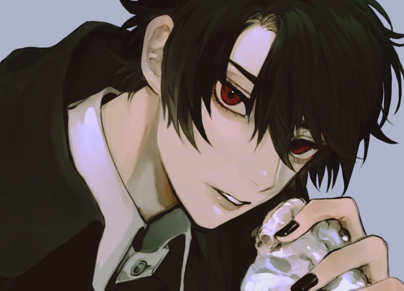 1boy black_hair black_nails collared_shirt grey_background hair_between_eyes hand_up heart heart_(organ) holding holding_heart looking_at_viewer male_focus minai_mosa original parted_lips red_eyes shirt short_hair simple_background solo upper_body very_short_hair