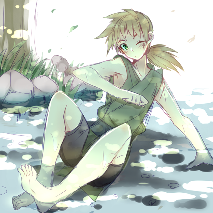 1boy ;o armpits bare_arms bare_legs bare_shoulders barefoot bishounen black_shorts blonde_hair blush_stickers character_request commentary_request copyright_request emblem full_body grass green_eyes green_shirt hand_on_ground high-waist_shorts japanese_tankery_league_(emblem) knees_apart_feet_together long_hair looking_at_viewer low_ponytail male_focus one_eye_closed outdoors parted_lips partially_submerged river rock shirt shorts sitting solo toes tree usamata white_background